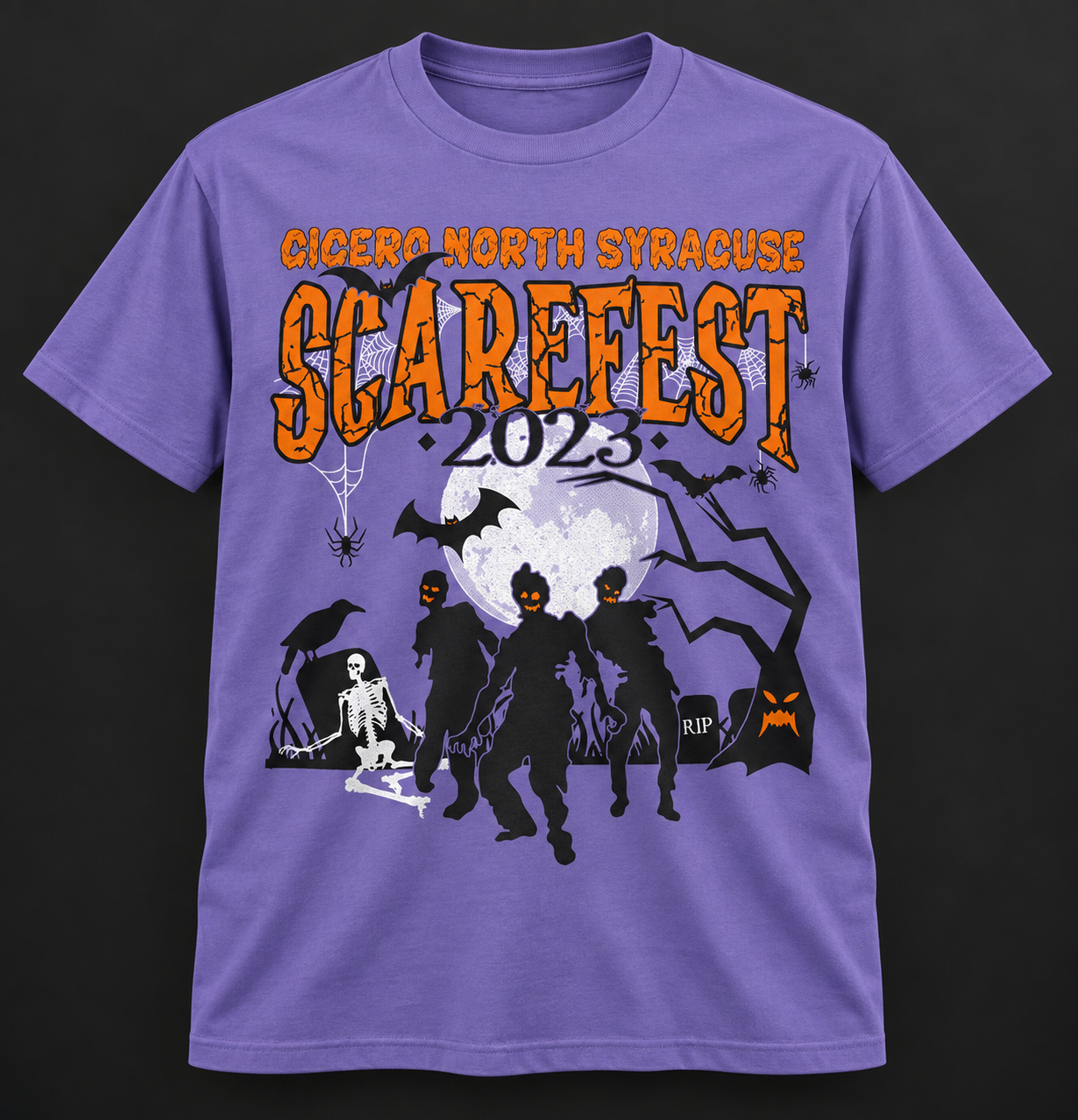 Full orchid T-shirt mockup with the CNS Scarefest front artwork